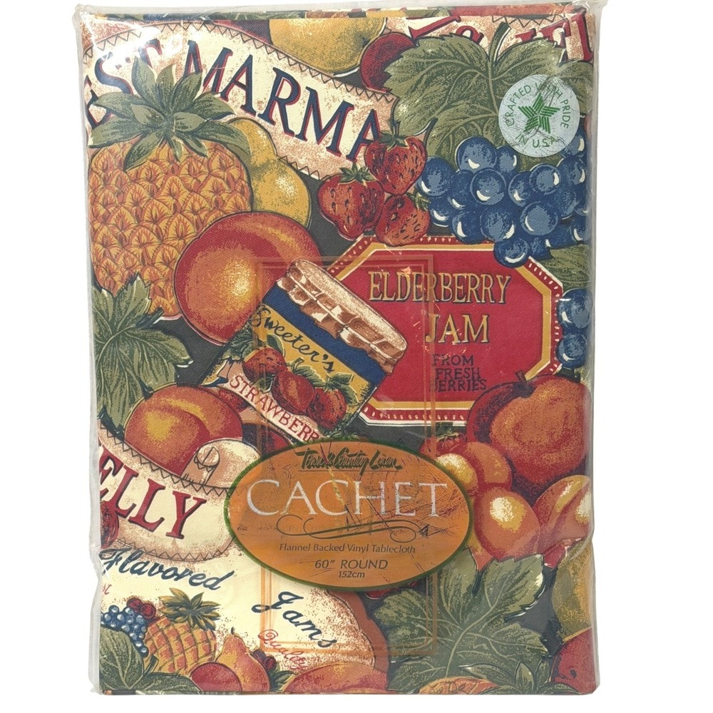Town & Country Round Vinyl Tablecloth Multicolor 60" Fruit Jam Print Cottagecore